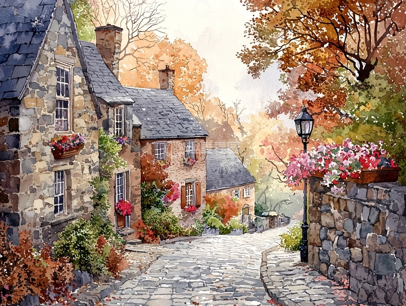 高清大图下载【趣麦麦图】秋日乡村小屋水彩画