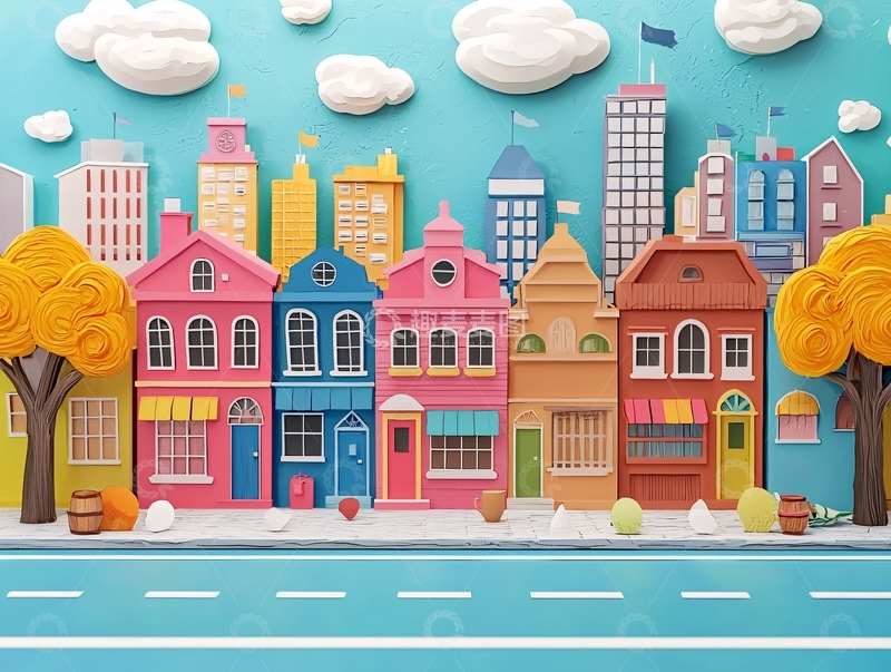 高清大图下载【趣麦麦图】卡通风格的彩色城市街景