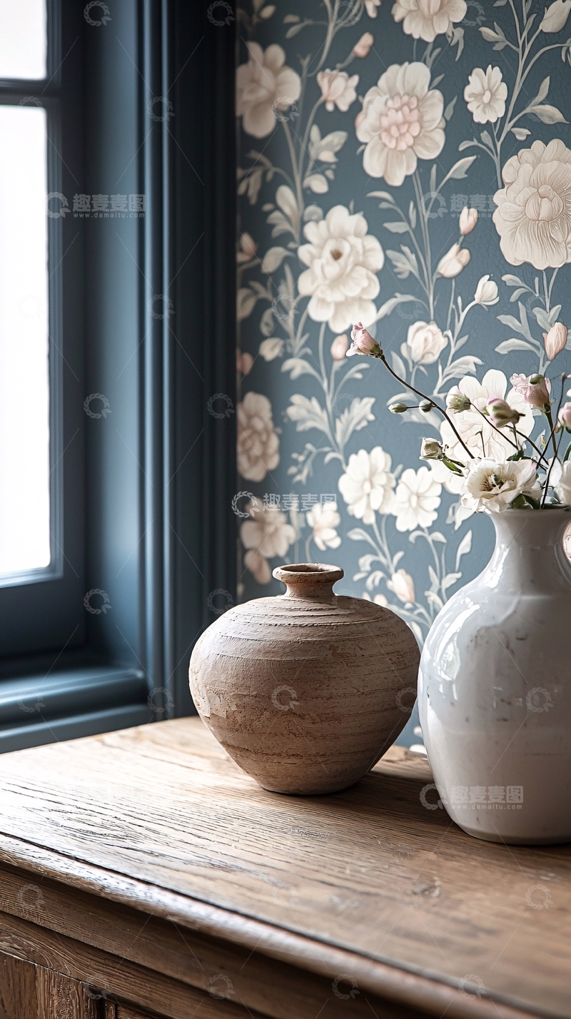 高清大图下载【趣麦麦图】蓝色花卉墙纸旁