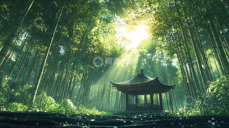 高清大图下载【趣麦麦图】阳光穿过竹林的亭台