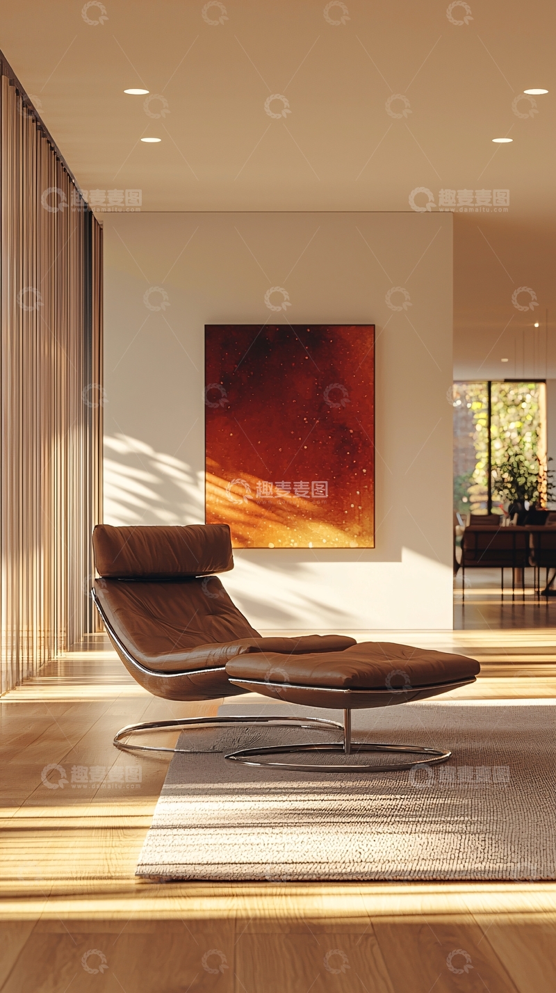 高清大图下载【趣麦麦图】棕色躺椅与抽象画的房间