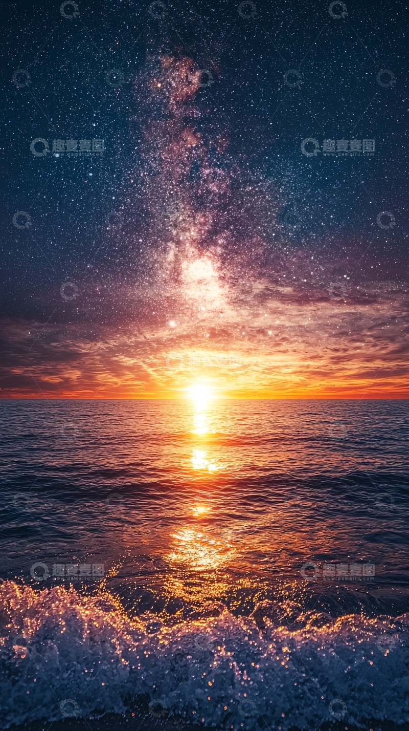 高清大图下载【趣麦麦图】海面星空日出景象
