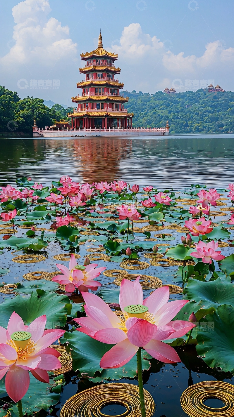 高清大图下载【趣麦麦图】湖中宝塔与荷花