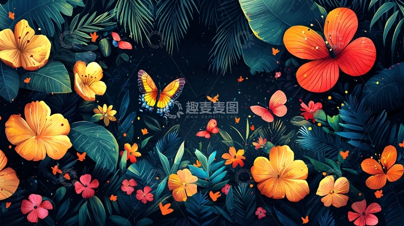 高清大图下载【趣麦麦图】热带花卉蝴蝶丛
