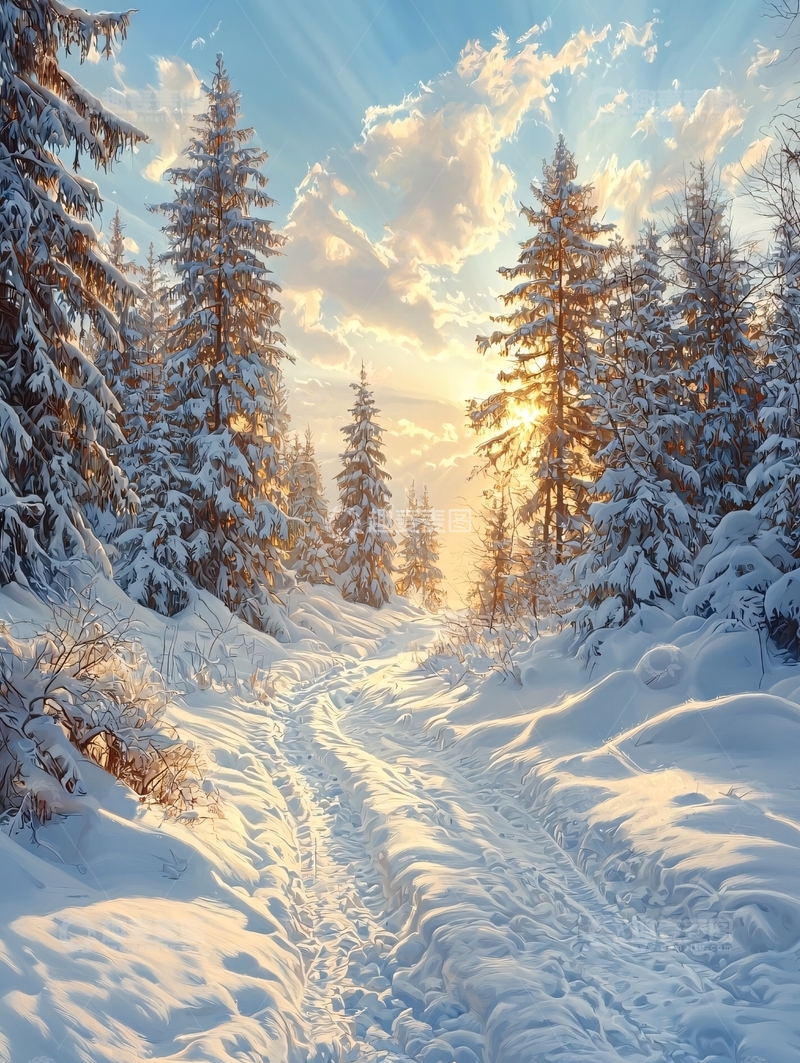 高清大图下载【趣麦麦图】雪覆盖的阳光森林