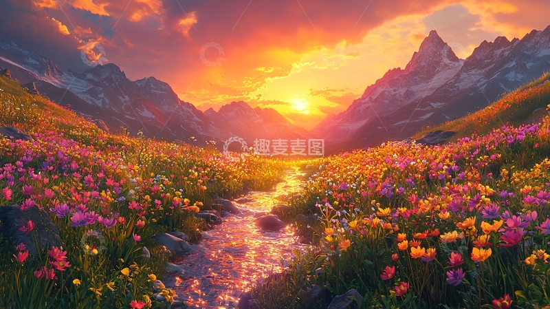 高清大图下载【趣麦麦图】落日下的花海山谷