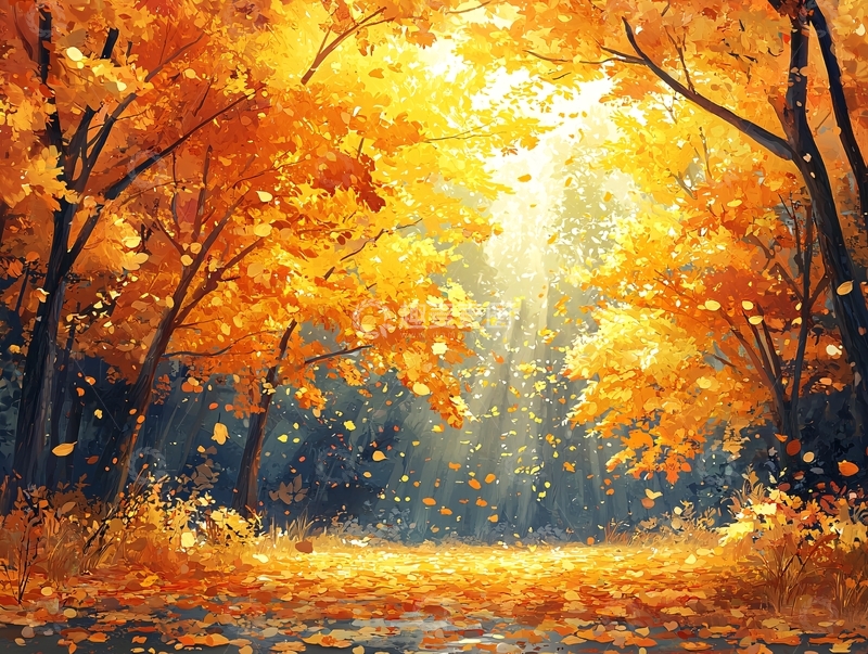 高清大图下载【趣麦麦图】秋季落叶唯美油画风格