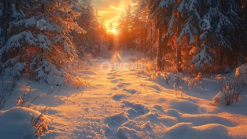 高清大图下载【趣麦麦图】雪地森林日落