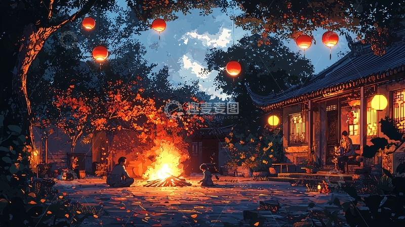 高清大图下载【趣麦麦图】夜晚篝火古建筑