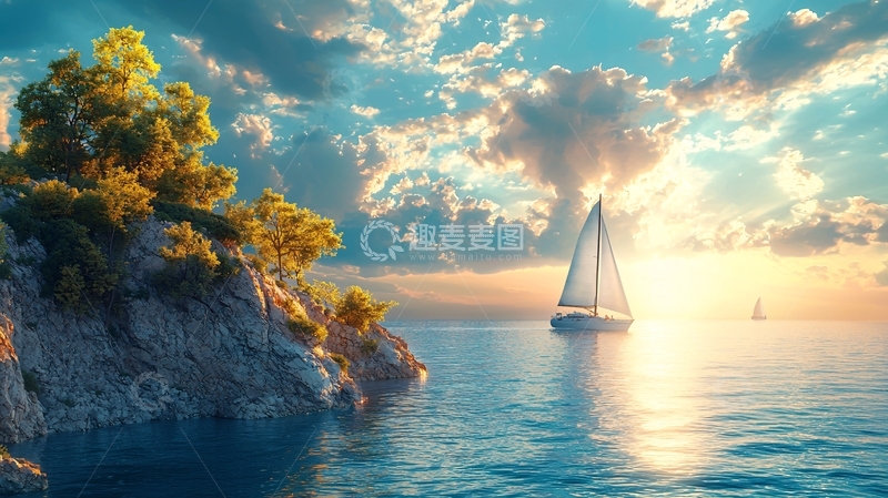 高清大图下载【趣麦麦图】日落海景帆船