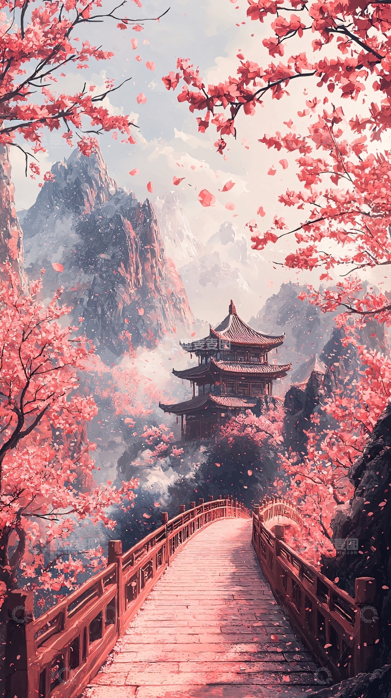 高清大图下载【趣麦麦图】粉色樱花古风建筑