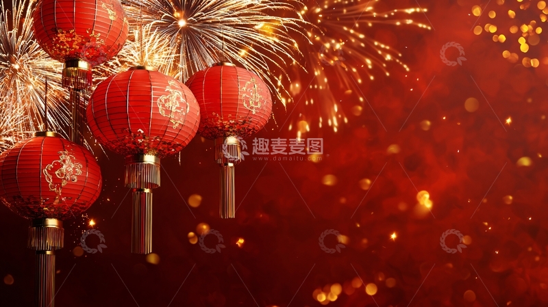 高清大图下载【趣麦麦图】新年红灯笼烟花背景