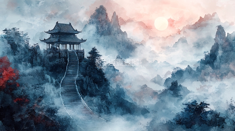 高清大图下载【趣麦麦图】水墨风山顶亭台楼阁