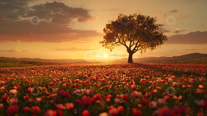 高清大图下载【趣麦麦图】夕阳下孤独的树和花田