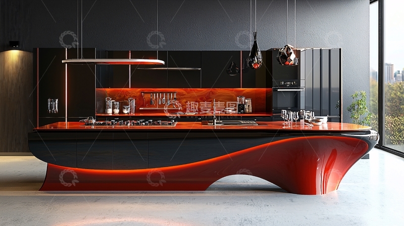 高清大图下载【趣麦麦图】现代黑色红色流线型橱柜岛台