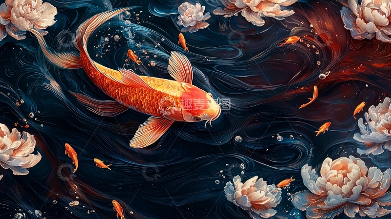 高清大图下载【趣麦麦图】锦鲤和牡丹花水墨画