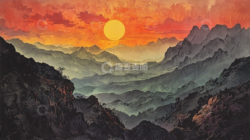 高清大图下载【趣麦麦图】山峦日落壮丽景色