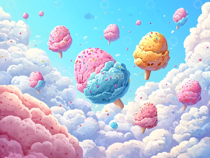 高清大图下载【趣麦麦图】粉色蓝色冰淇淋漂浮在云朵上