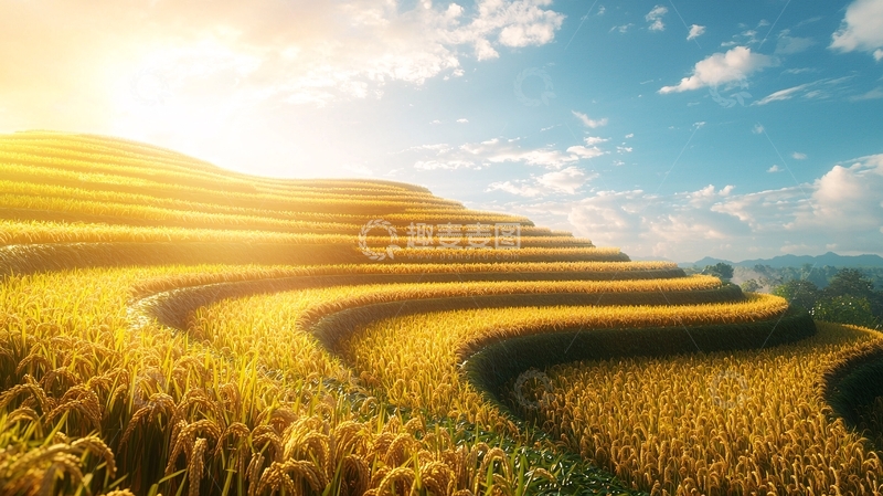 高清大图下载【趣麦麦图】金黄梯田日出景色