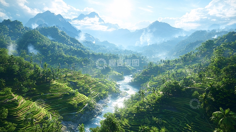 高清大图下载【趣麦麦图】山谷河流梯田景色