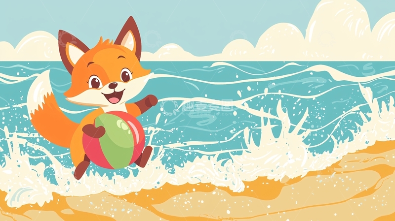 高清大图下载【趣麦麦图】沙滩玩耍的小狐狸