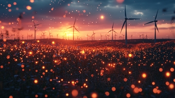 日落风力发电场发光植物