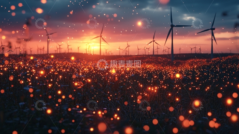 高清大图下载【趣麦麦图】日落风力发电场发光植物