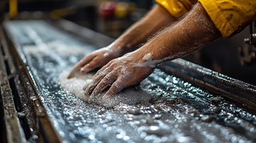 工人双手接触流水线上的泡沫