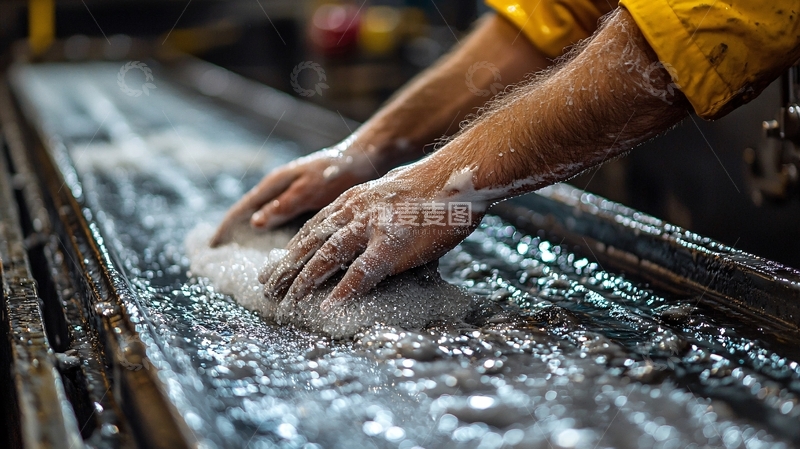 高清大图下载【趣麦麦图】工人双手接触流水线上的泡沫
