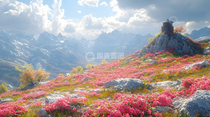 高清大图下载【趣麦麦图】山顶花海亭台楼阁