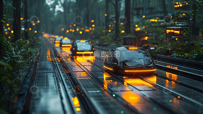 高清大图下载【趣麦麦图】雨夜森林轨道交通
