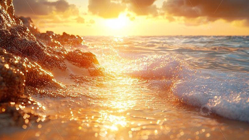 高清大图下载【趣麦麦图】日落海滩岩石浪花