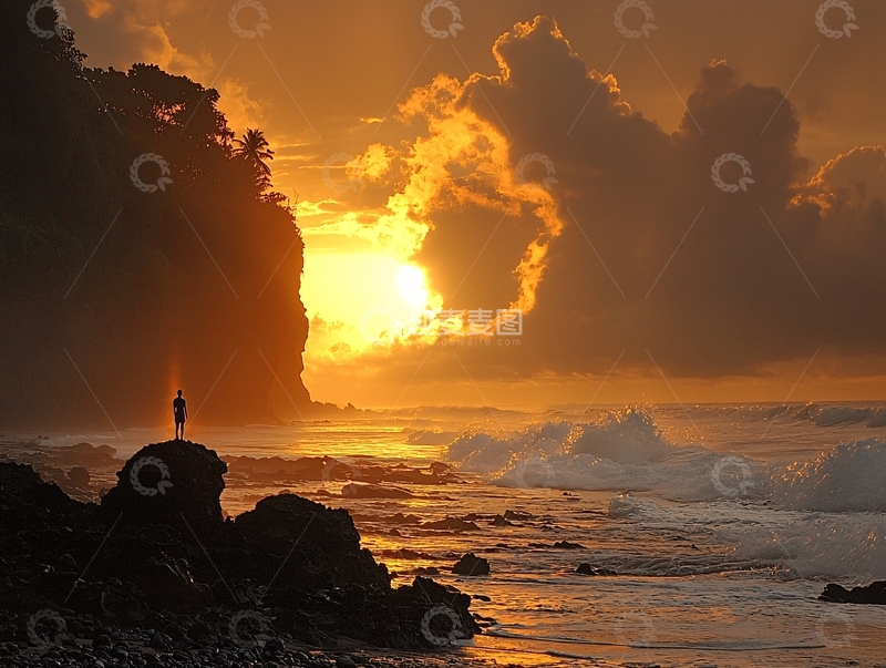 高清大图下载【趣麦麦图】海岸线日落时分一个人的剪影