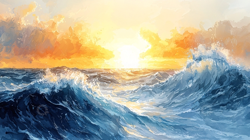 高清大图下载【趣麦麦图】海浪夕阳下的油画