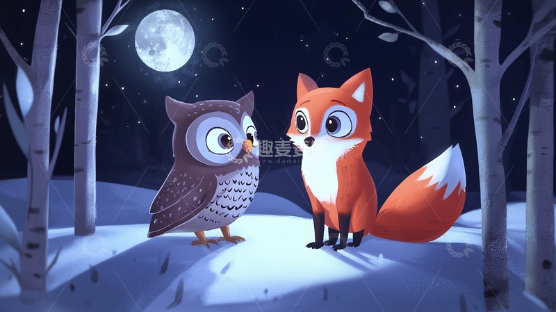 高清大图下载【趣麦麦图】森林夜色狐狸猫头鹰