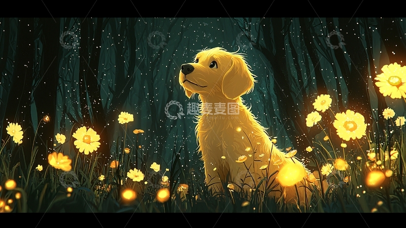 高清大图下载【趣麦麦图】森林里发光的金毛犬