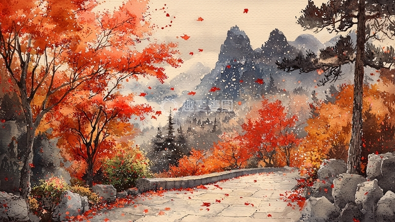 高清大图下载【趣麦麦图】秋叶飘落山间小路