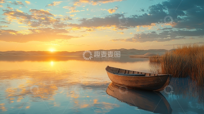 高清大图下载【趣麦麦图】日出湖景独木舟