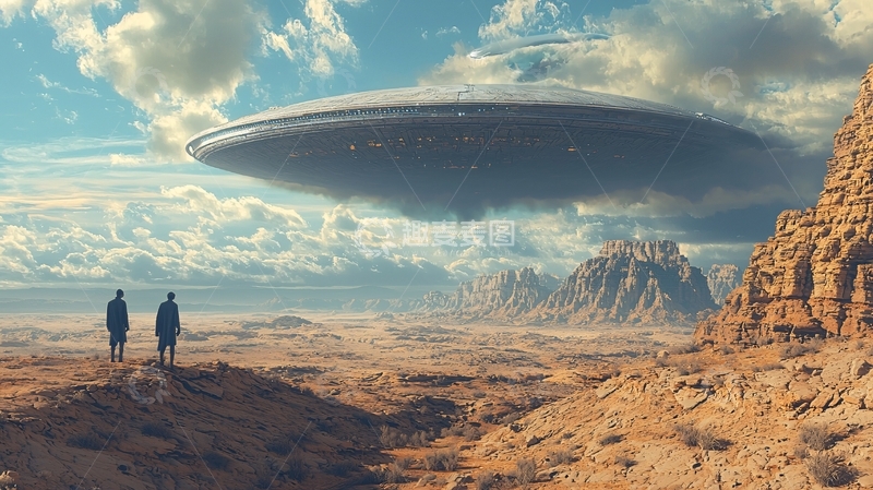高清大图下载【趣麦麦图】飞碟悬停沙漠上空