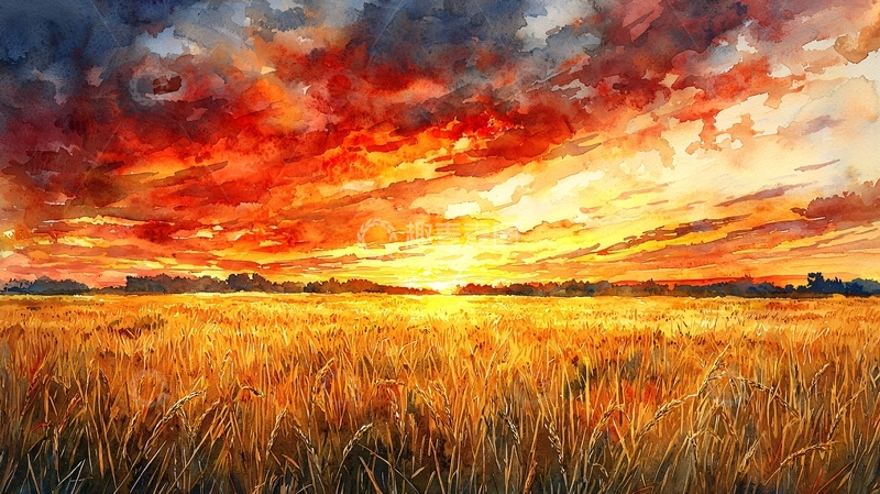 高清大图下载【趣麦麦图】水彩夕阳麦田风景