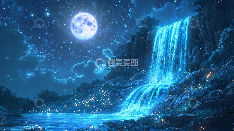 高清大图下载【趣麦麦图】梦幻蓝色瀑布星空