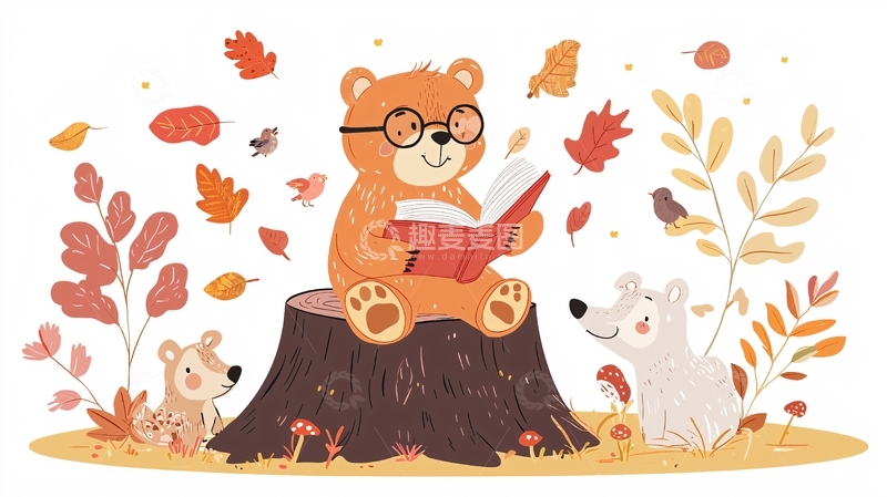 高清大图下载【趣麦麦图】戴眼镜的熊看书