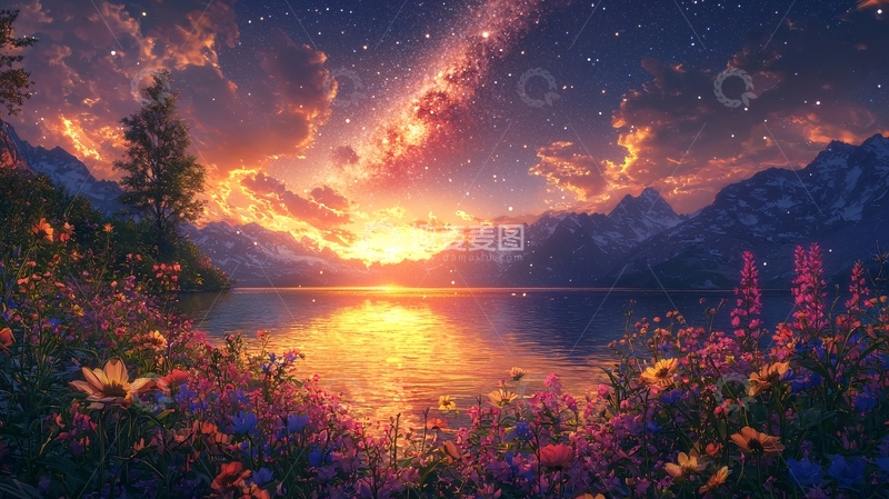 高清大图下载【趣麦麦图】梦幻般日落山湖花海