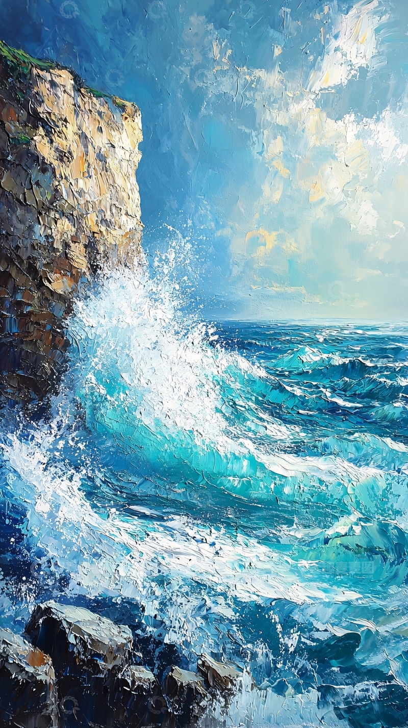 高清大图下载【趣麦麦图】海浪拍打悬崖的油画