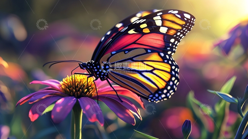 高清大图下载【趣麦麦图】彩蝶花丛中吸食花蜜