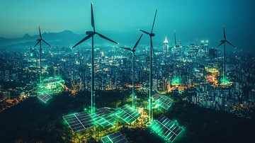 夜景城市风力发电