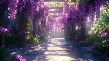 紫藤花廊架下的阳光小径