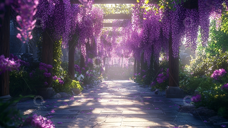 高清大图下载【趣麦麦图】紫藤花廊架下的阳光小径