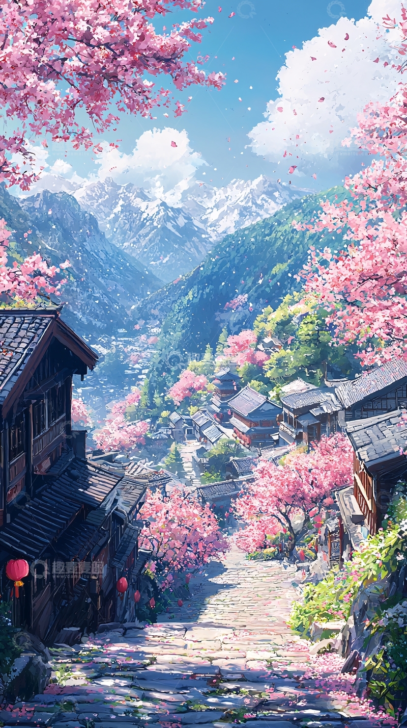 高清大图下载【趣麦麦图】樱花小镇山峦叠嶂