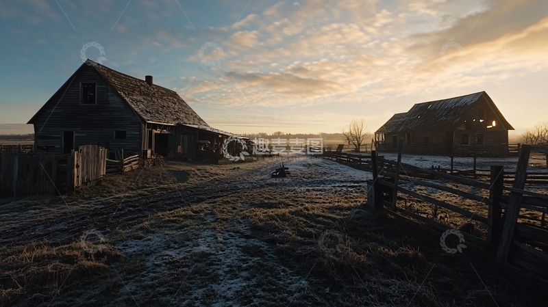 高清大图下载【趣麦麦图】破败农舍日出雪景